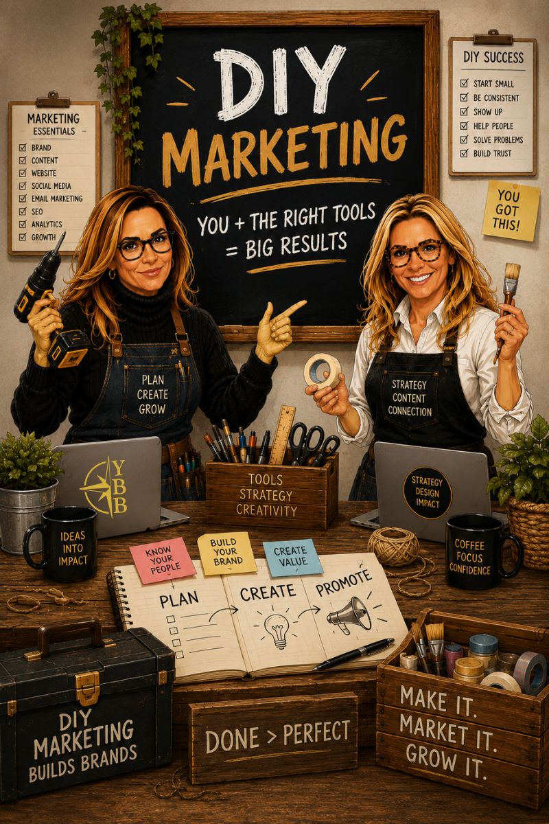 YBB DIY marketing workshop graphic showing tools, strategy, creativity, and small business support