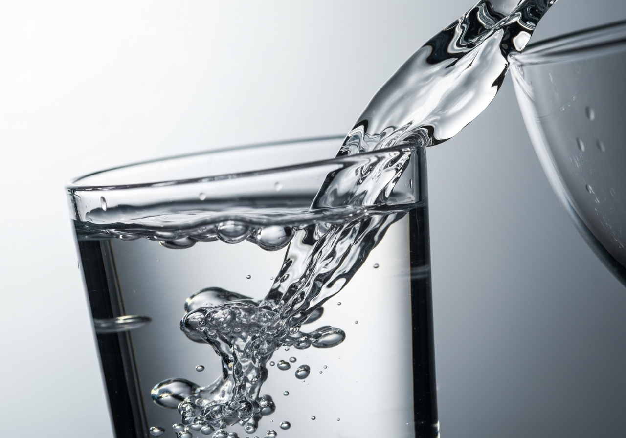 Crystal clear pure water flowing into a glass