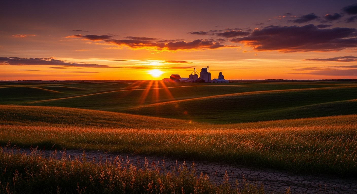 Prairie sunset with wheat fields and farm buildings