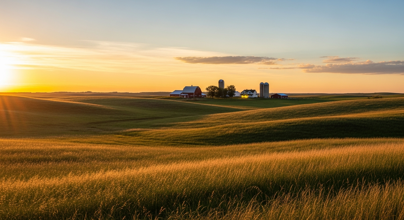 Golden Saskatchewan prairie field at sunset with fence posts, wheat, grain bins, and open sky