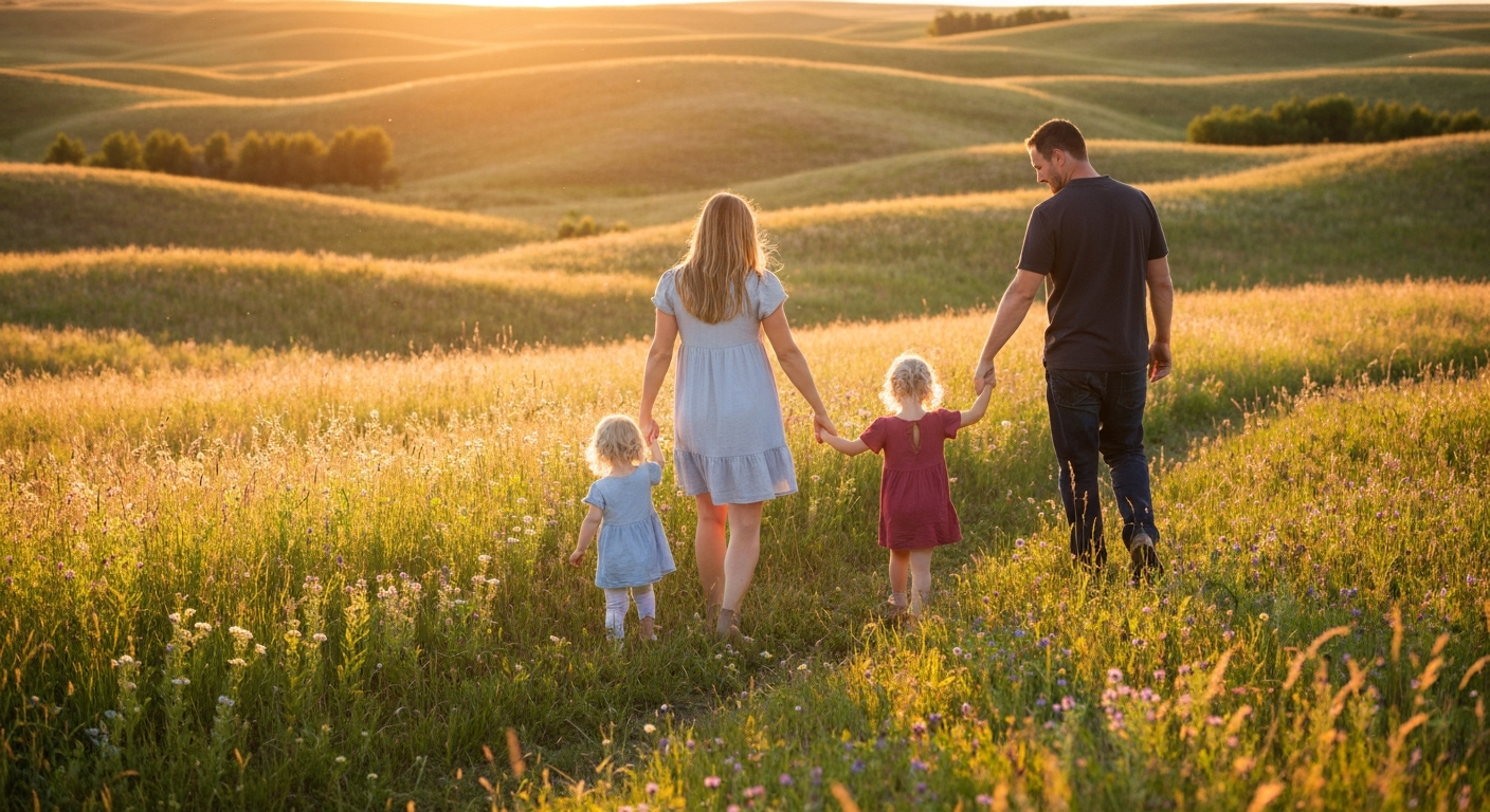 Family walking through a prairie field at sunset