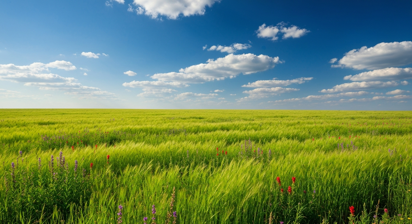 Bright green prairie field under a warm blue sky