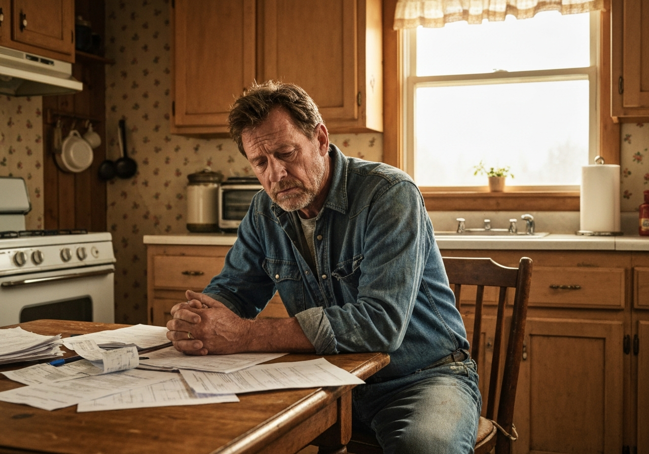 Worker reviewing bills and paperwork at home, representing disability and income protection
