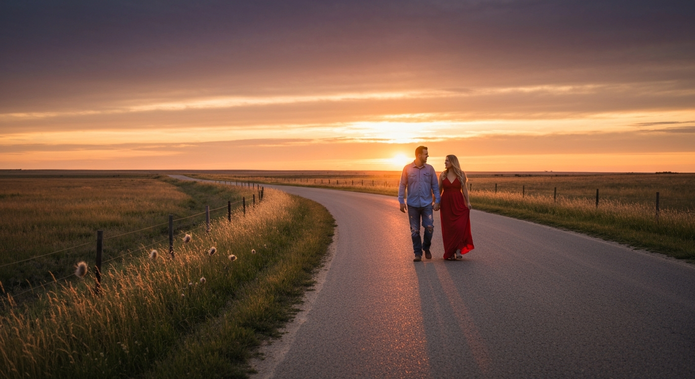 Couple standing together and looking toward their home at sunset