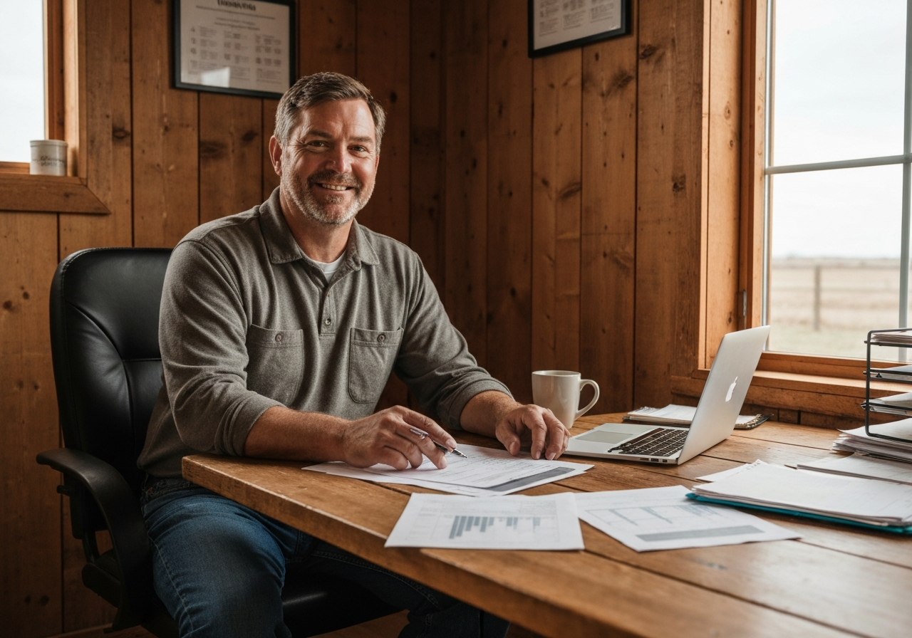 Rural business owner reviewing financial documents at a wooden desk in a warm farm office