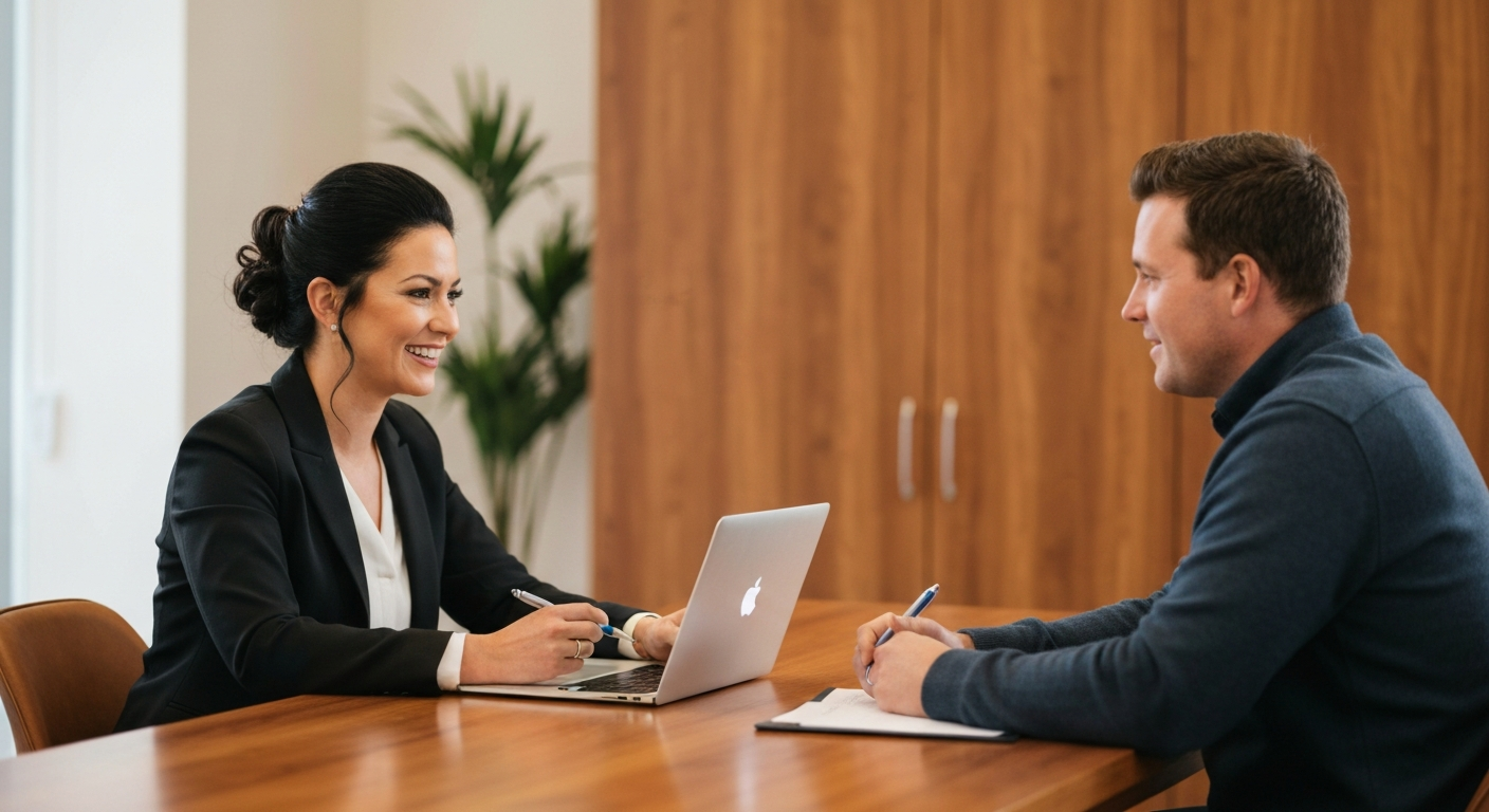 Chantelle Beler meeting comfortably with a rural client at a wooden table in a warm modern office