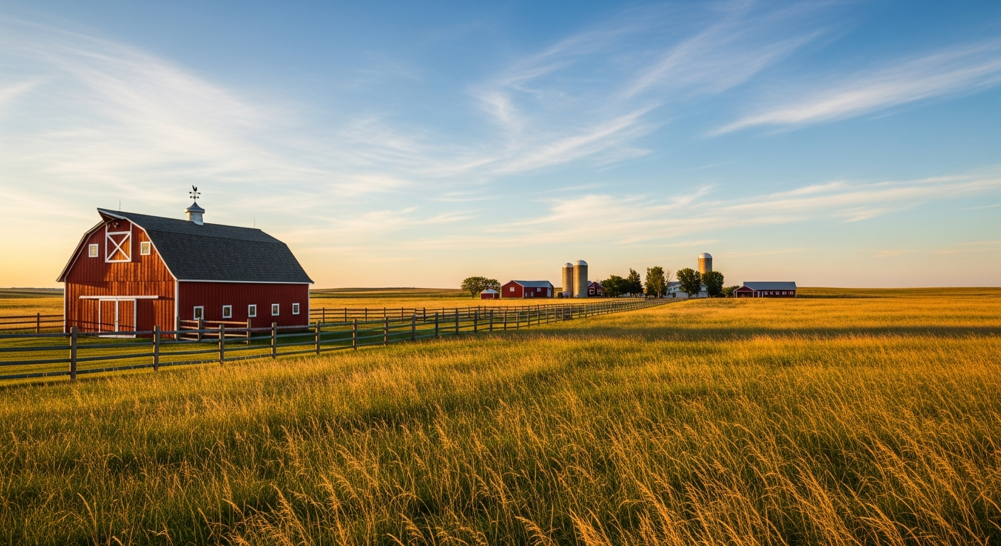 Golden prairie field with a red barn, wooden fence, open sky, and distant rural buildings