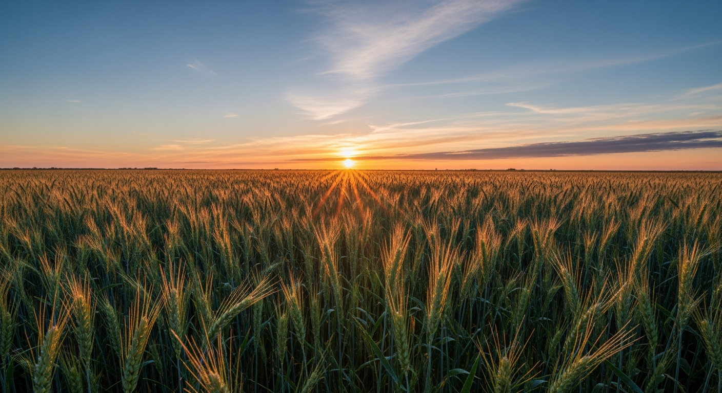 Prairie wheat field at sunrise with open blue sky