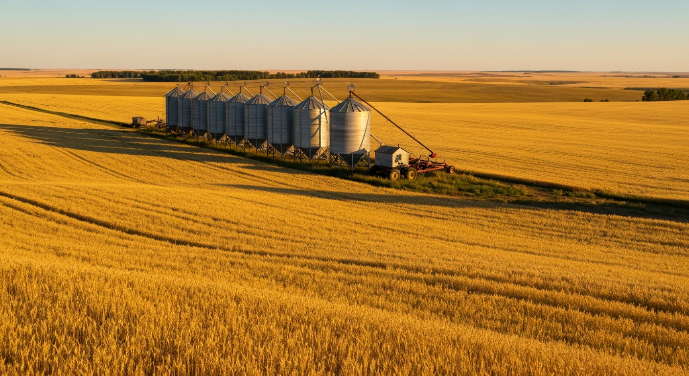 Golden crop field with grain bins and farm buildings at sunset