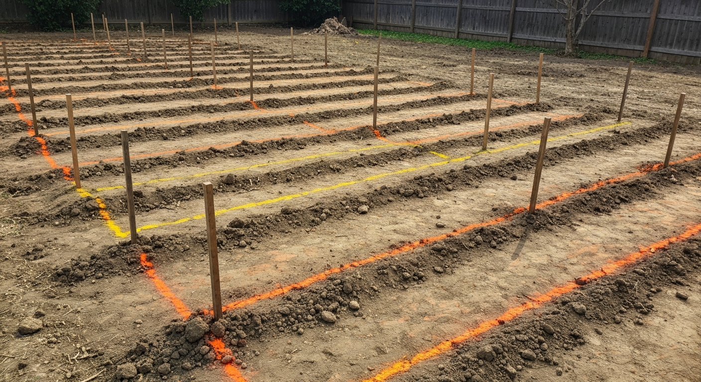 Before-style bare backyard dirt lot with stakes and marking paint