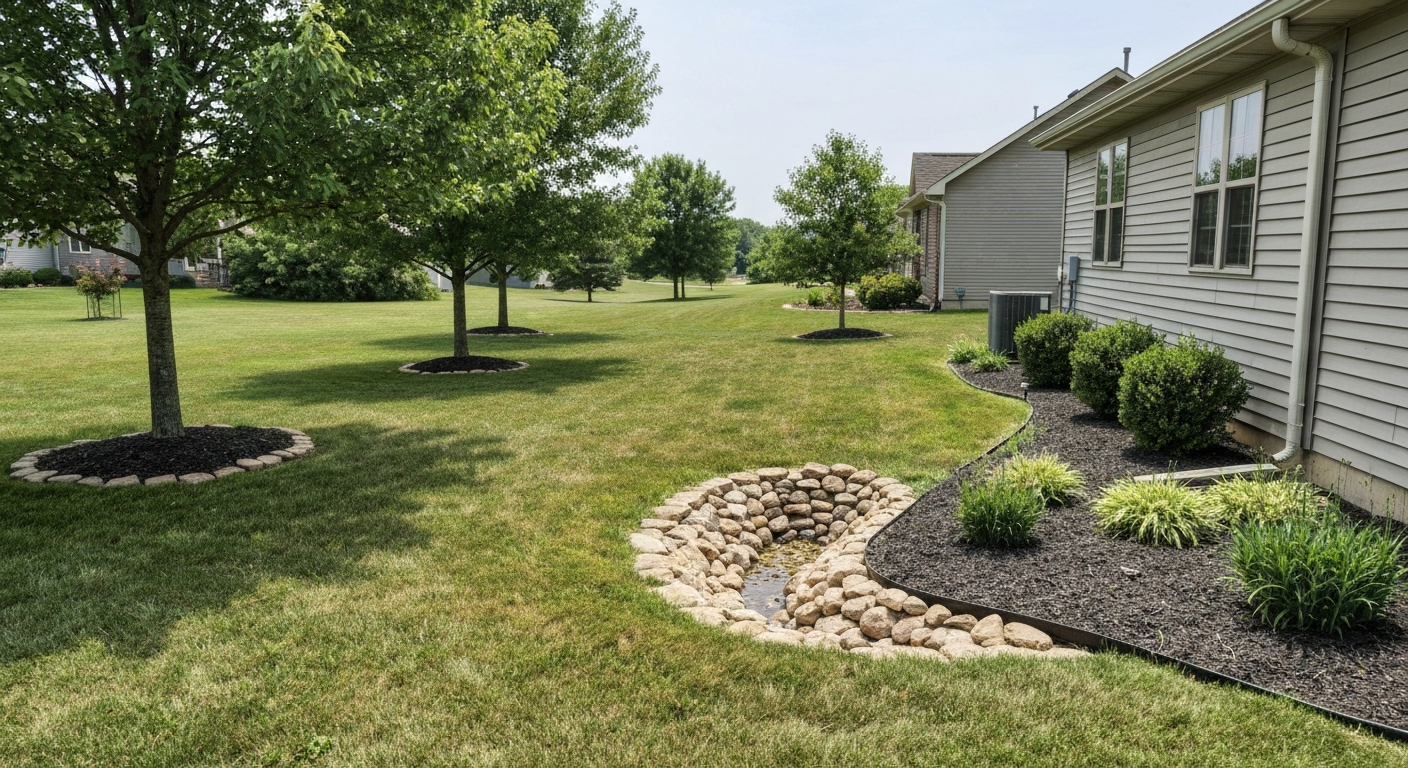 Dry and healthy residential backyard with proper grading and rock drainage outlet