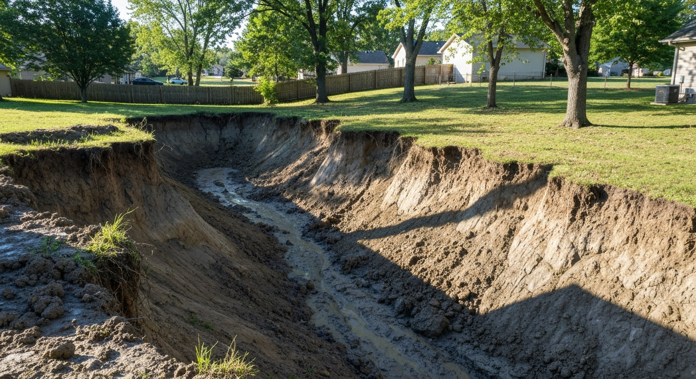 Steep, eroding, muddy backyard slope before retaining wall installation