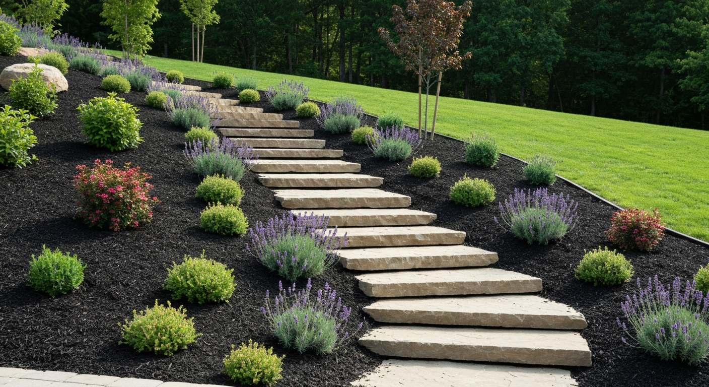 Residential landscape on a sloped yard