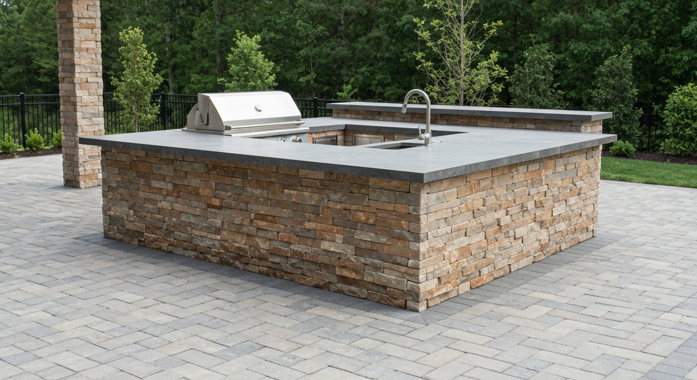 Outdoor kitchen island built in stone veneer on a paver patio