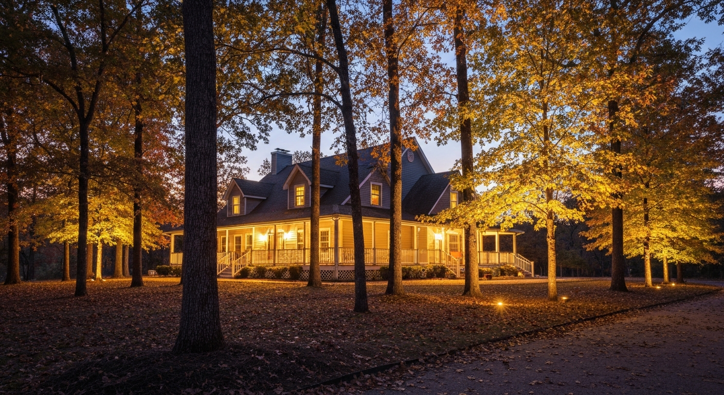 Landscape lighting on a tree-lined country home at dusk
