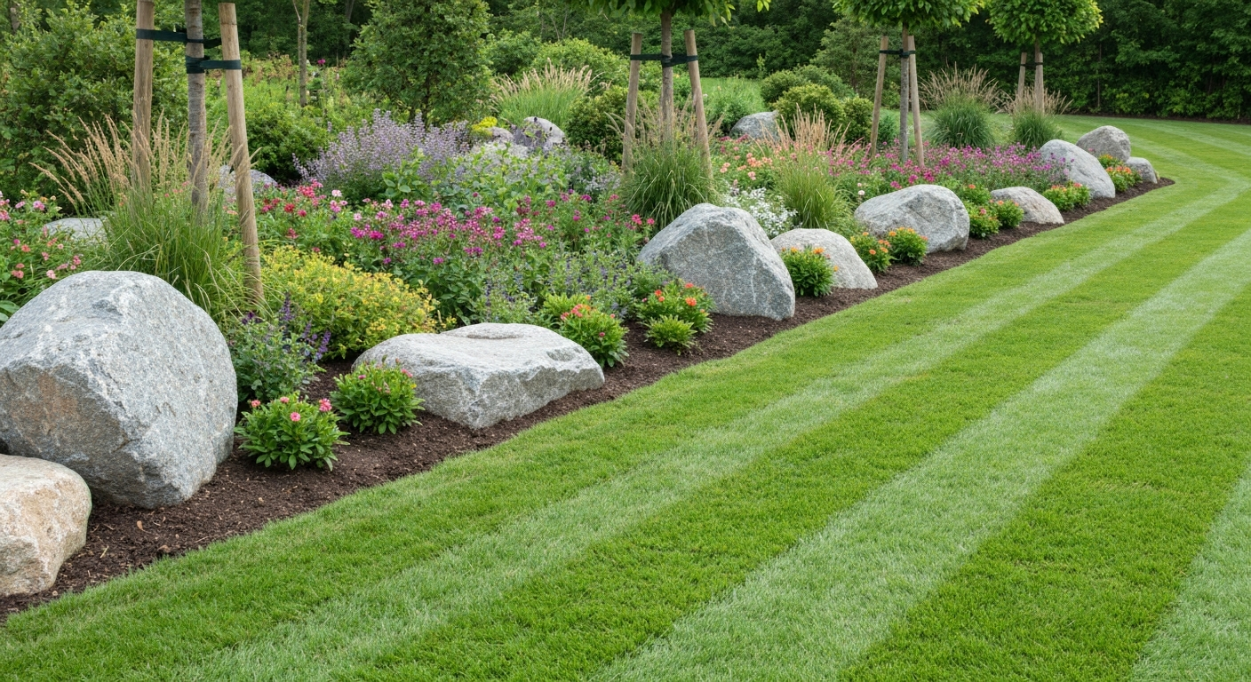 Planted beds with boulders and a clean lawn edge