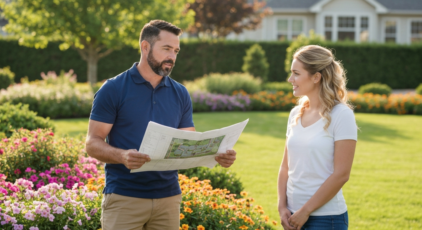 Professional contractor discussing landscape plans