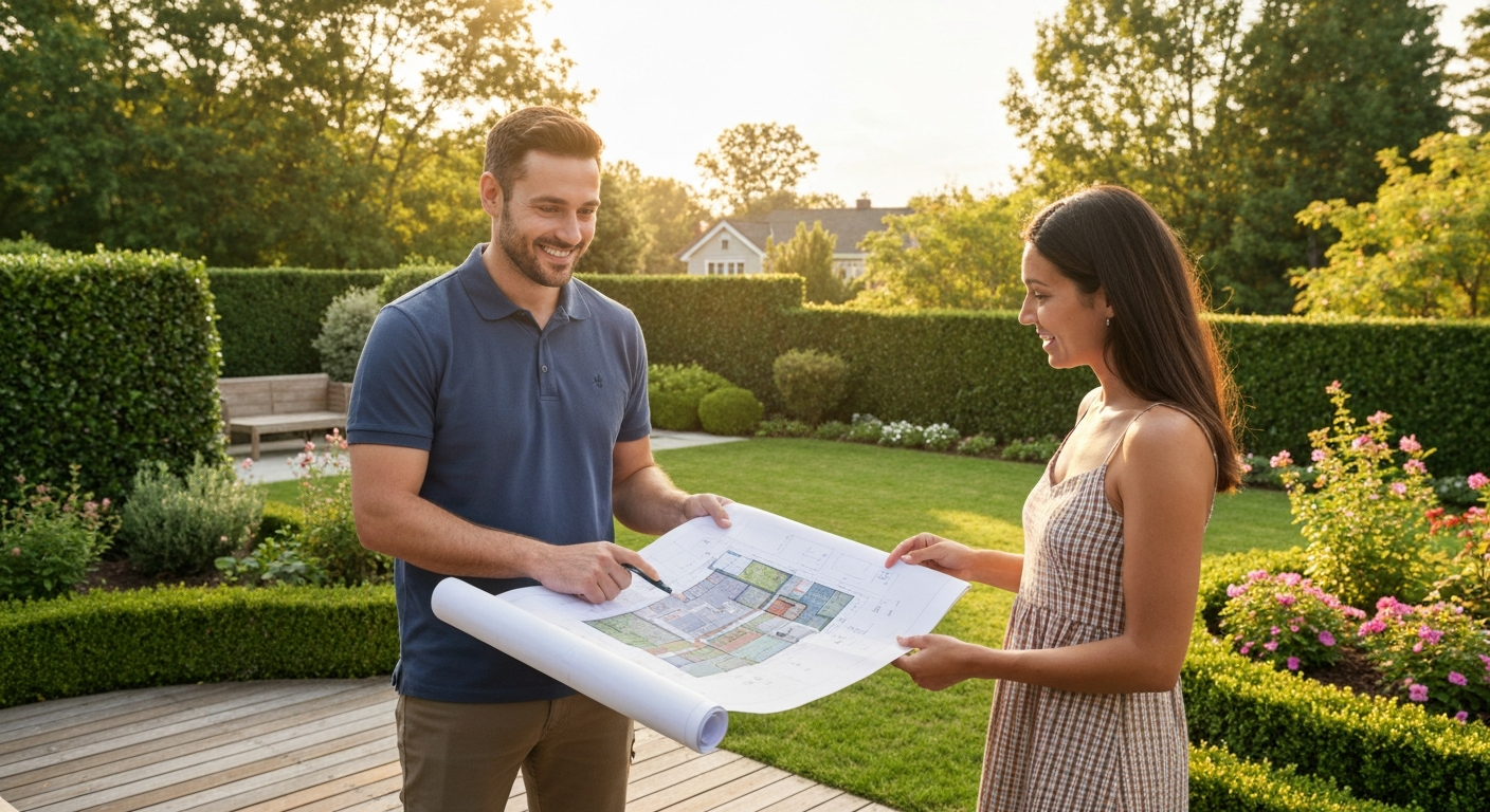 Landscaping contractor reviewing project plans