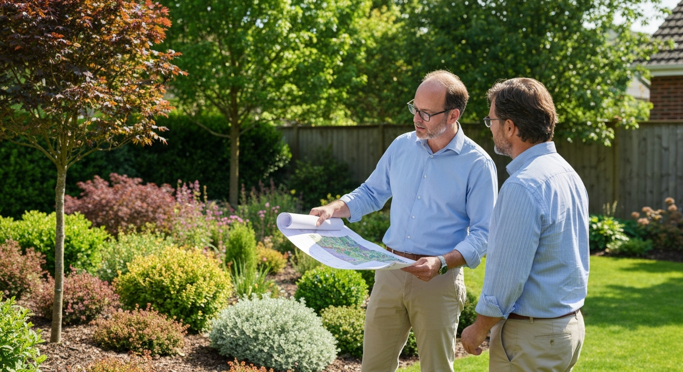 Designer reviewing a planting plan on-site with a homeowner