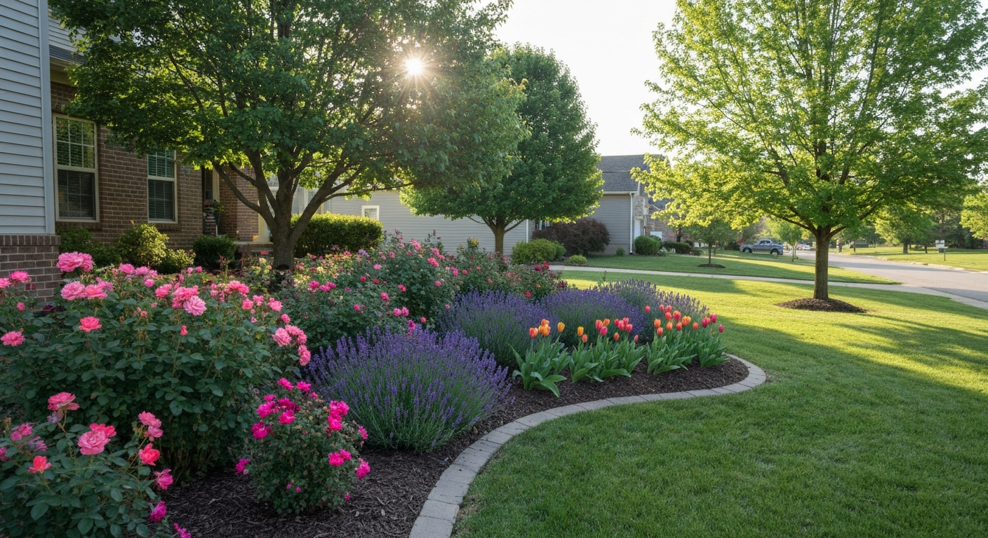 Freshly landscaped front yard after completion