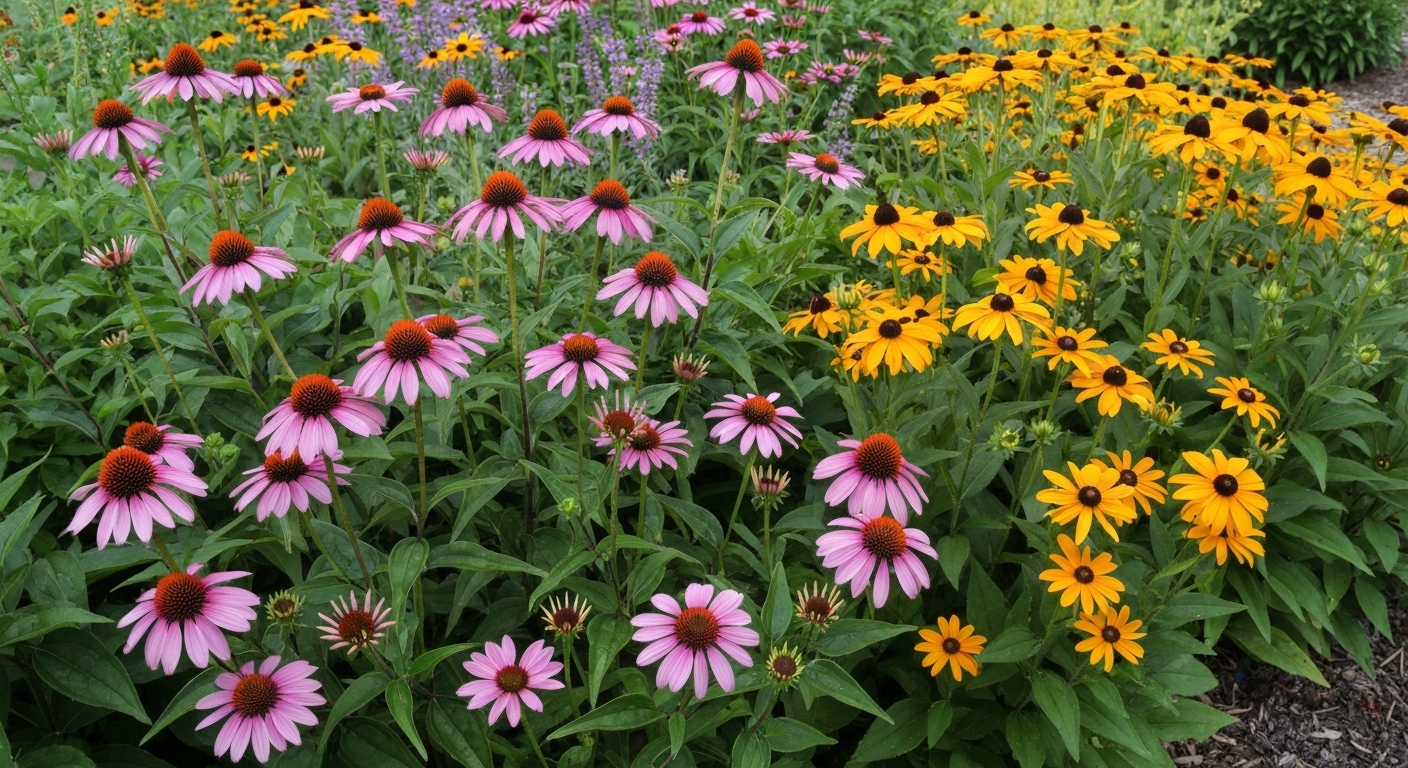 Native Missouri pollinator bed with coneflowers