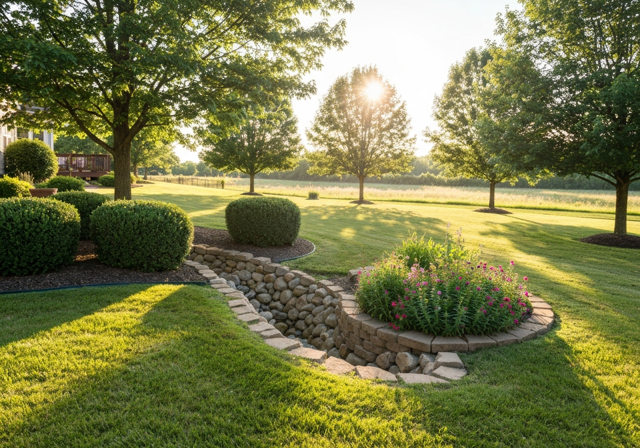 A dry, healthy residential backyard featuring a clean rock drainage outlet