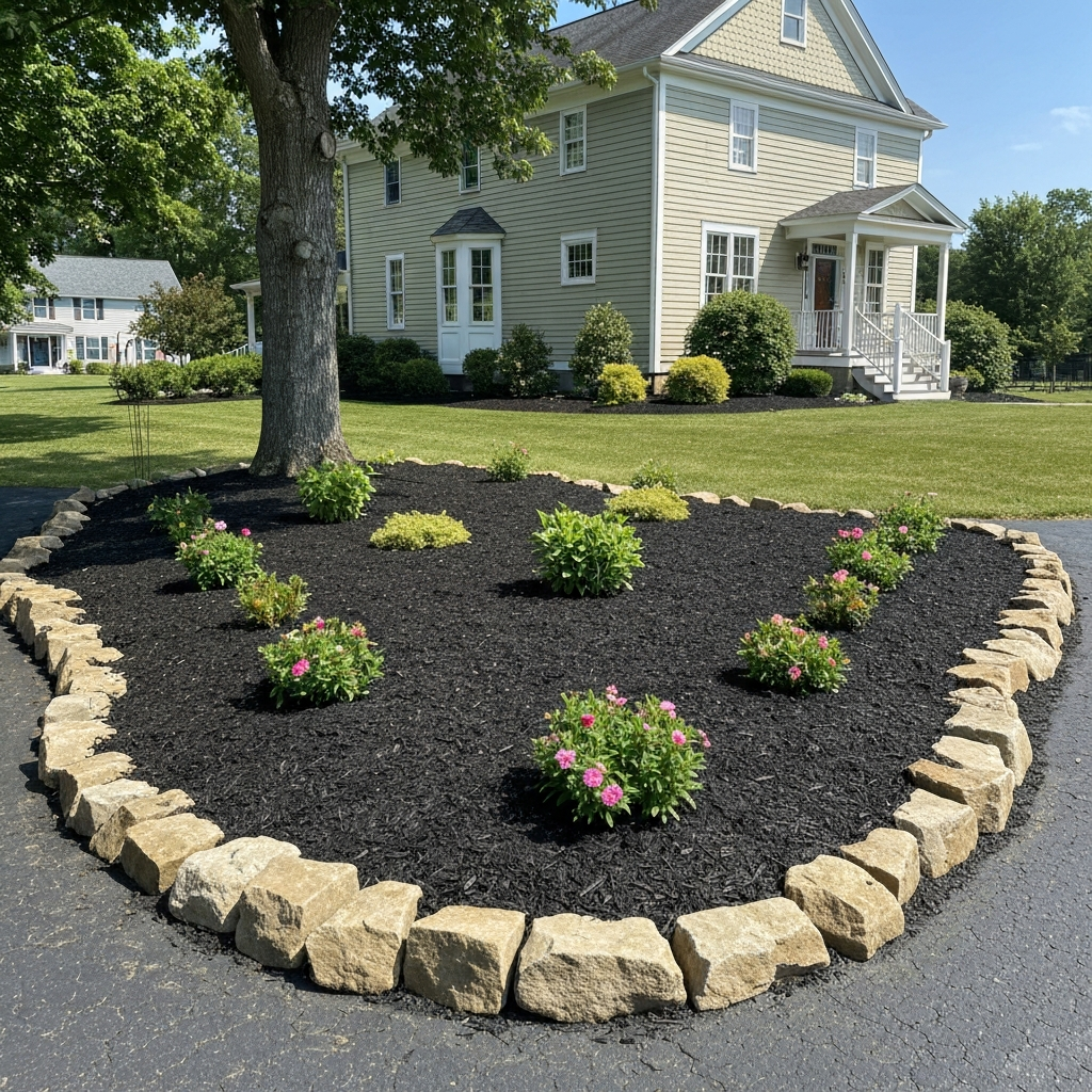 Fresh mulch beds and decorative rock