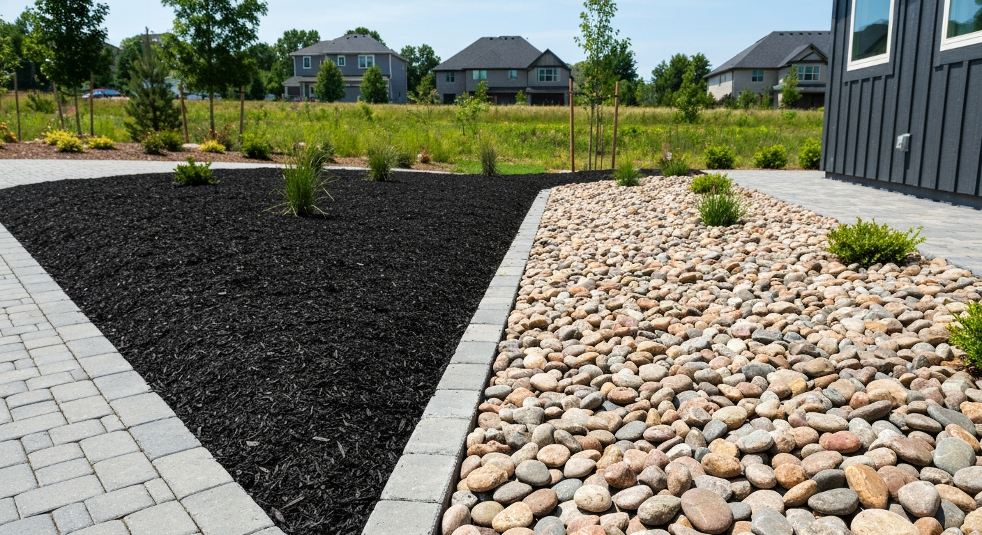 Mulch and decorative rock beds in a landscape