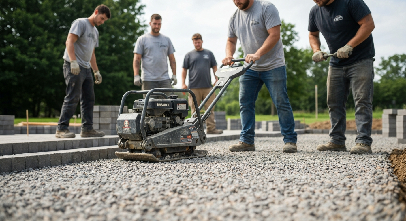 Crew compacting gravel base with a plate compactor before laying pavers