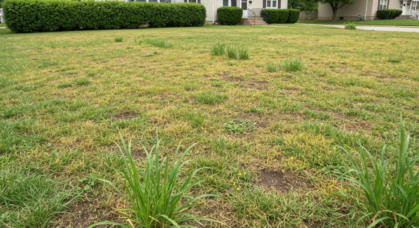 Thin, patchy, weedy lawn with bare spots before renovation