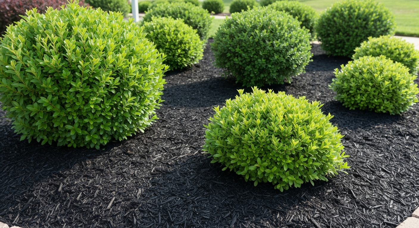Clean dark mulch beds with healthy green shrubs