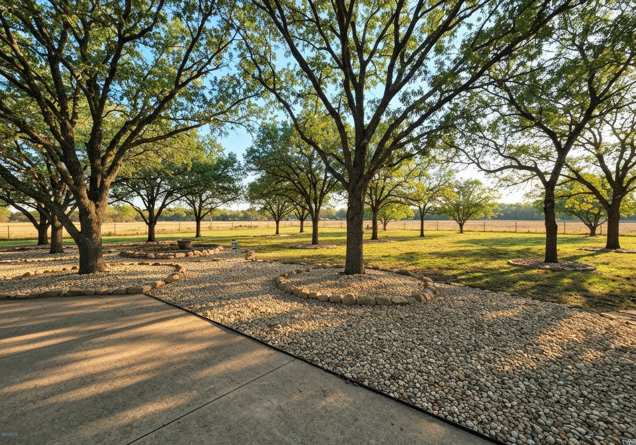 Expansive decorative river rock beds on a rural property