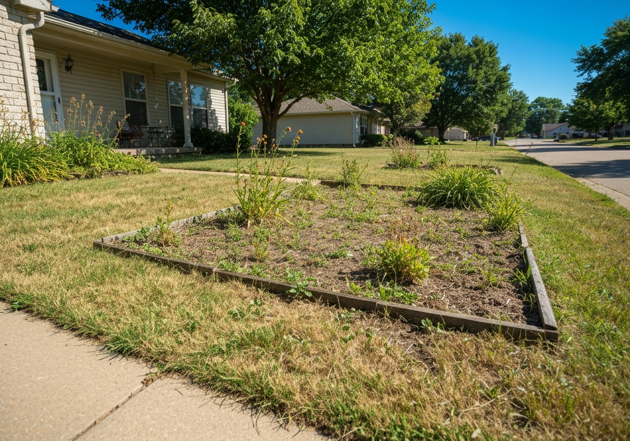 An overgrown, tired residential front yard with patchy, messy beds before landscaping