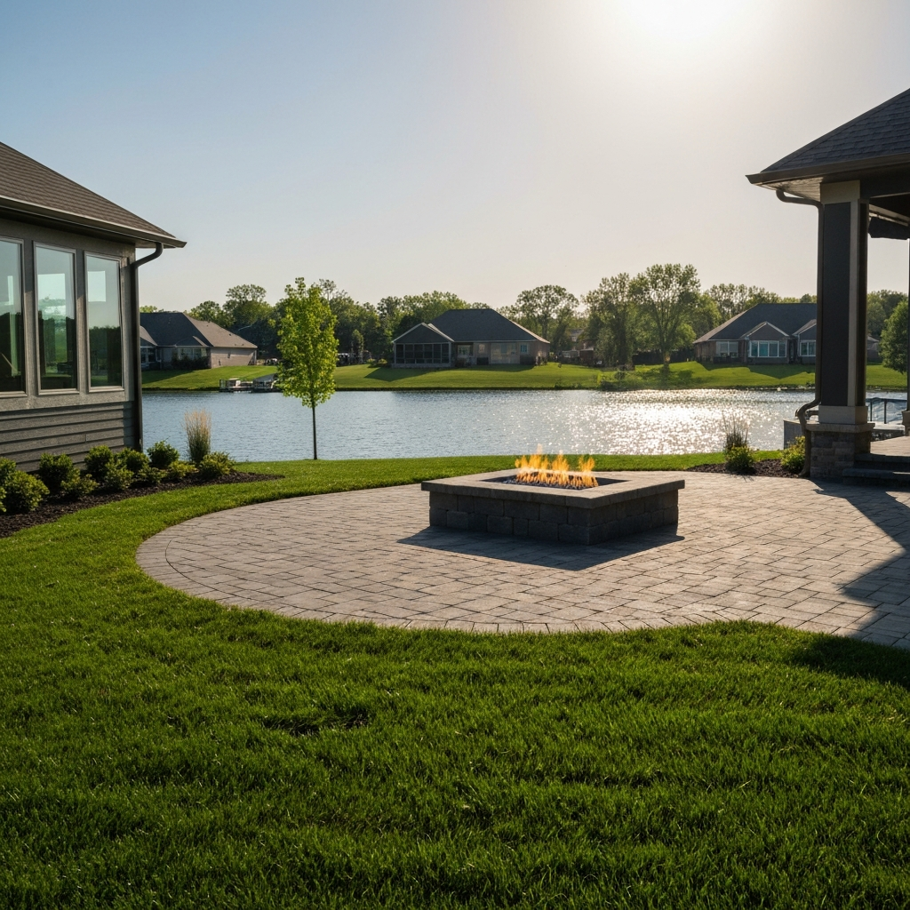 Paver patio and fire pit overlooking a lake