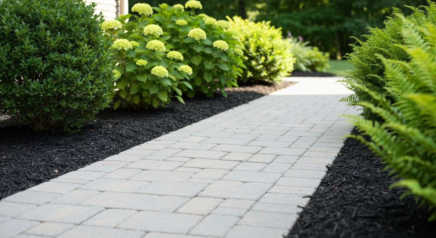 Clean paver walkway bordered by fresh dark mulch beds