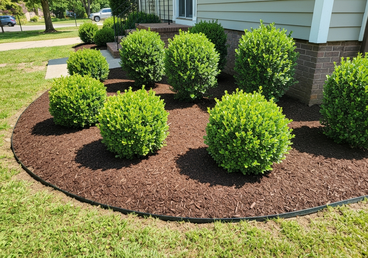 Fresh dark brown hardwood mulch beds with neat edging