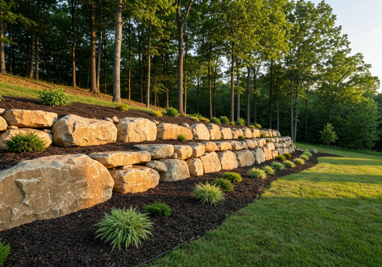 Natural boulder retaining wall on a sloped wooded lot