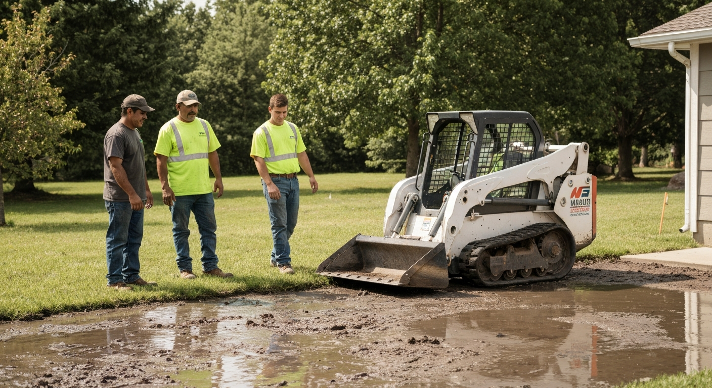 Yard drainage and grading project on a flat clay lot in Desloge Missouri