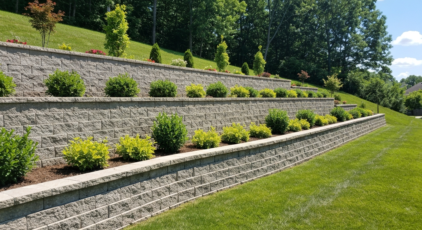 Tiered segmental-block retaining wall on a hillside