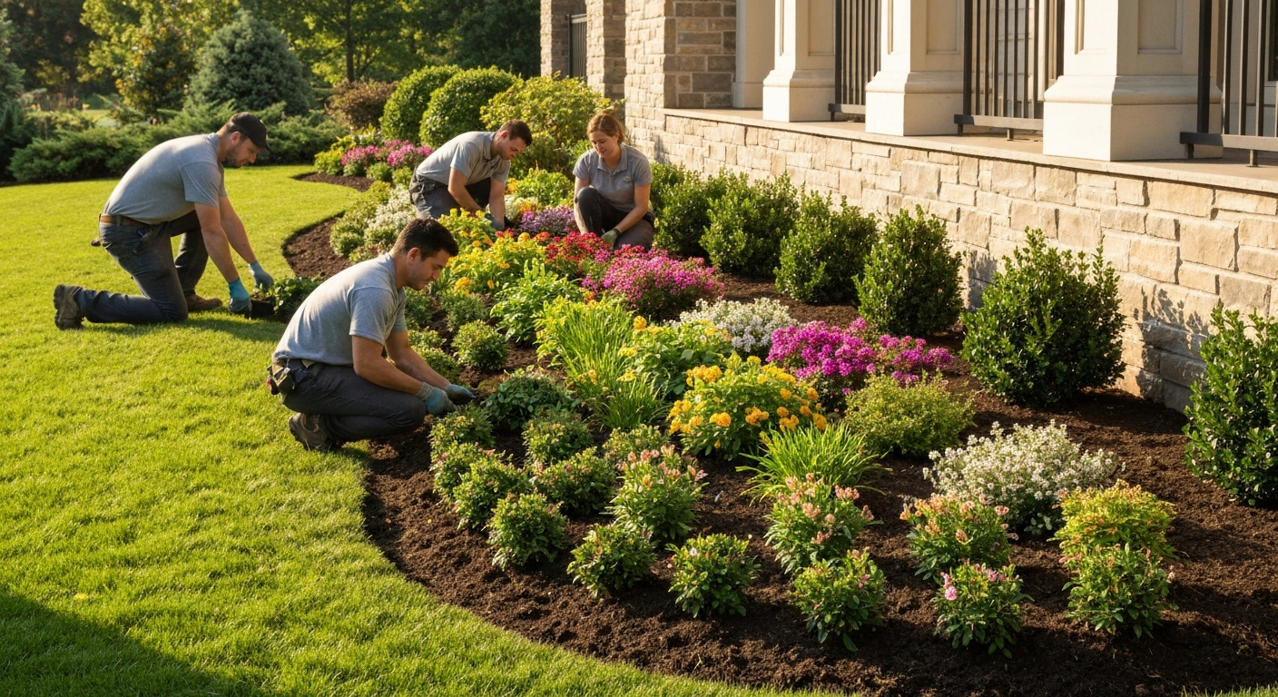 Professional landscaping crew planting shrubs along a foundation