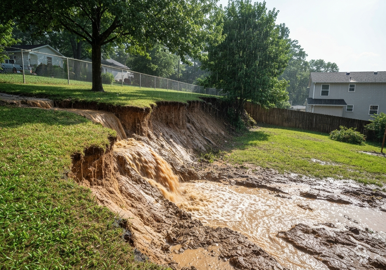 Steep, eroding, muddy backyard slope in Park Hills before landscaping