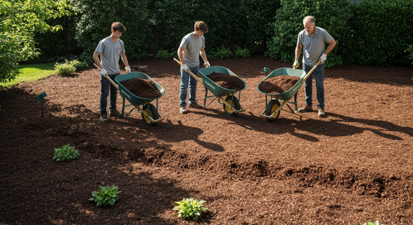 Crew spreading mulch from wheelbarrows into prepped beds