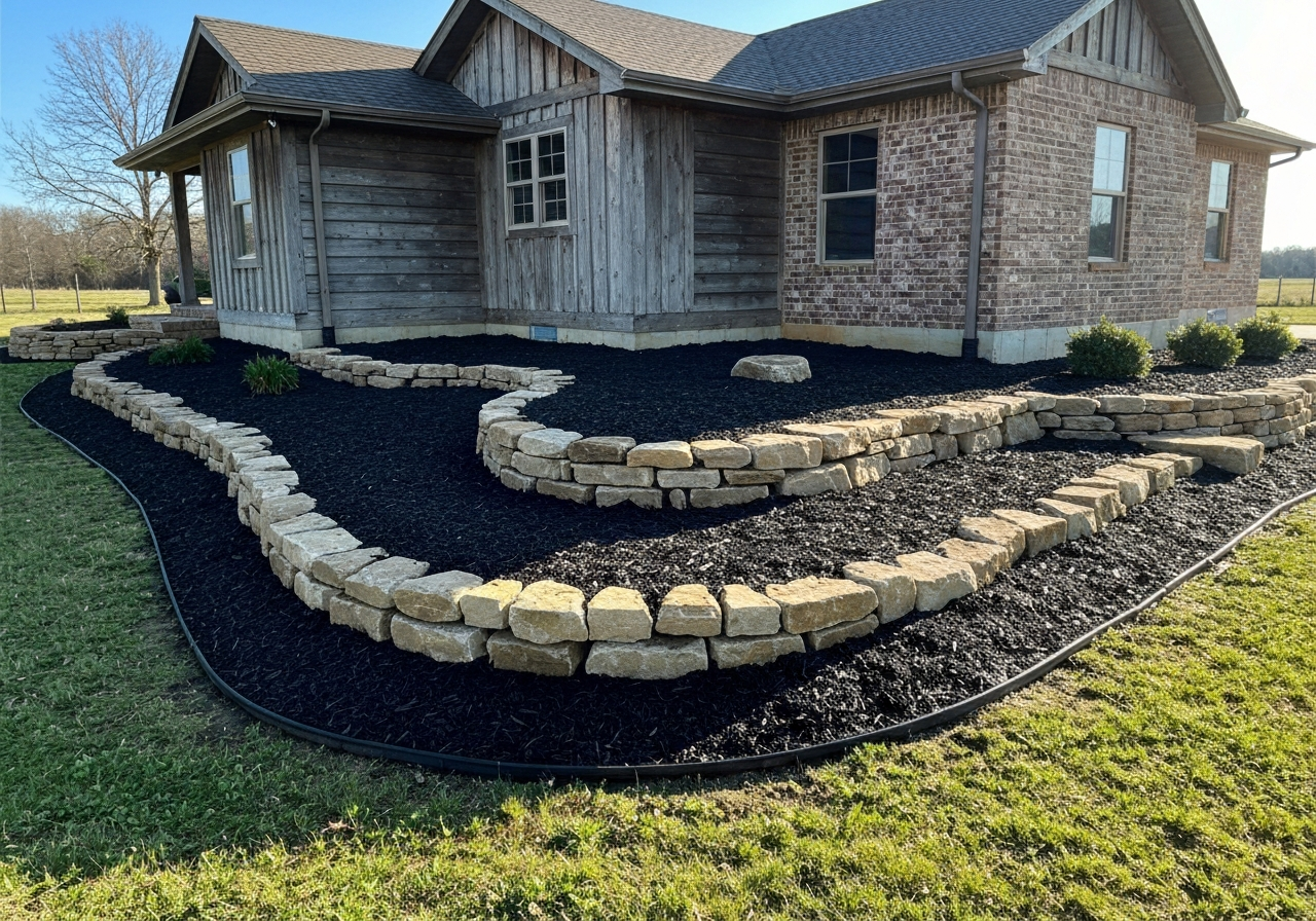 Fresh mulch and rock beds