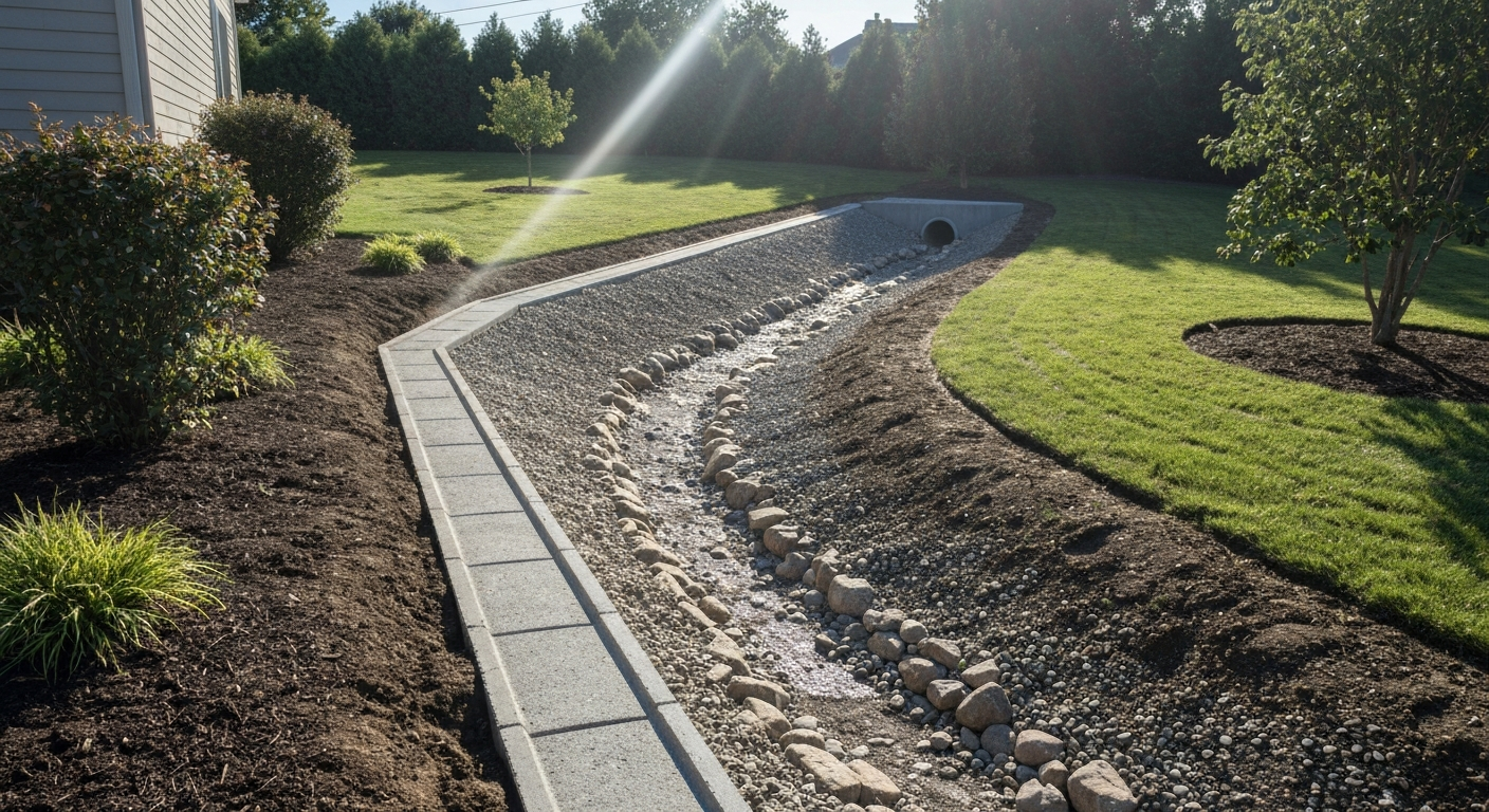 French drain and dry creek bed installation
