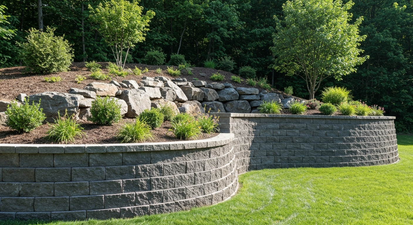 Landscape design and retaining wall work for rocky sloped property in Fredericktown MO
