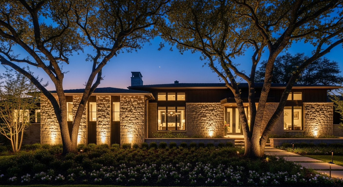 Paver path lit by warm low path lights at night