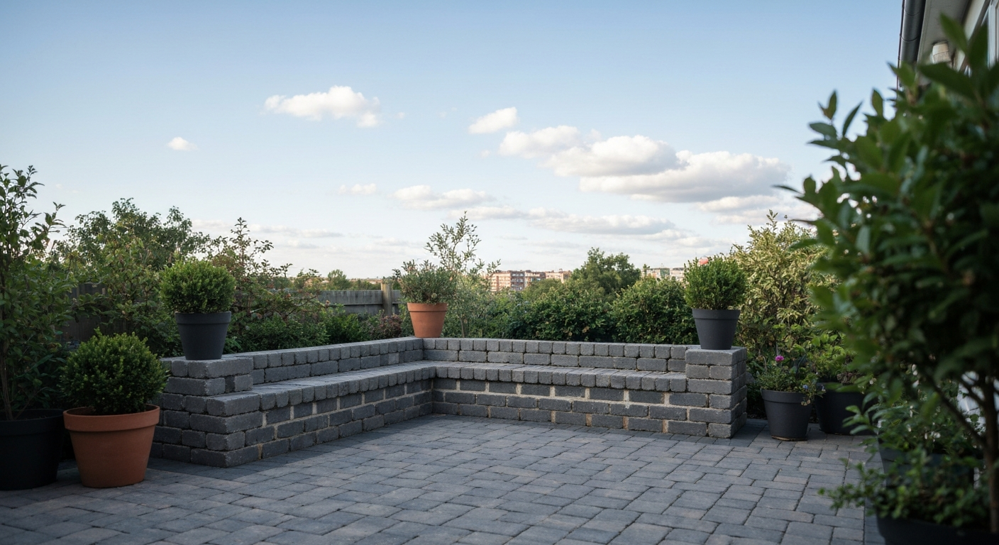 Paver patio with a seating wall in a city backyard in De Soto MO