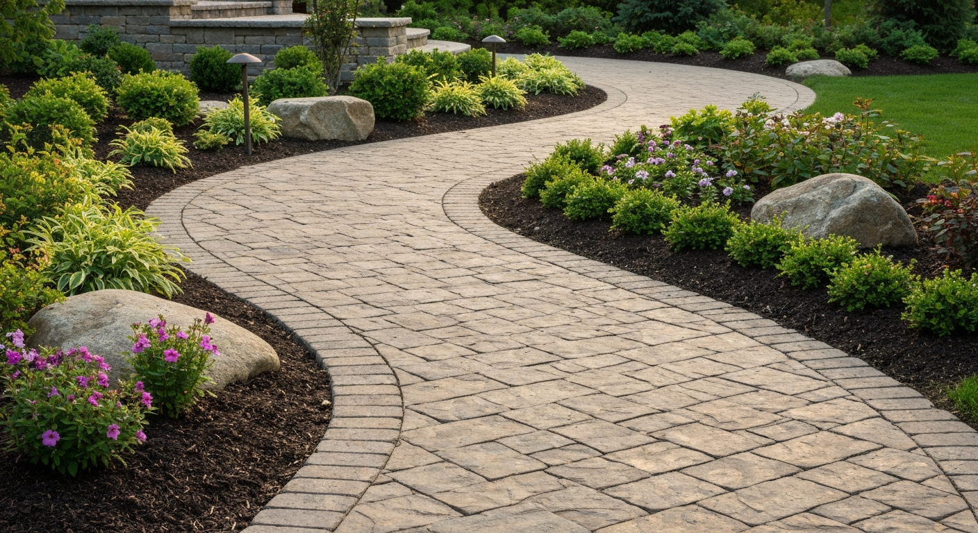 Natural stone walkway curving through landscape beds