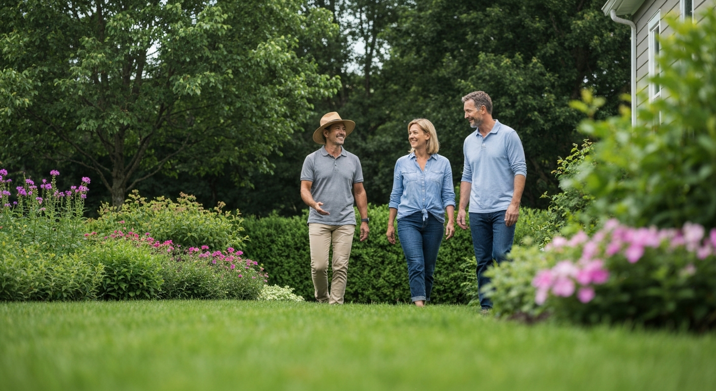 Designer and homeowners walking a backyard discussing the space