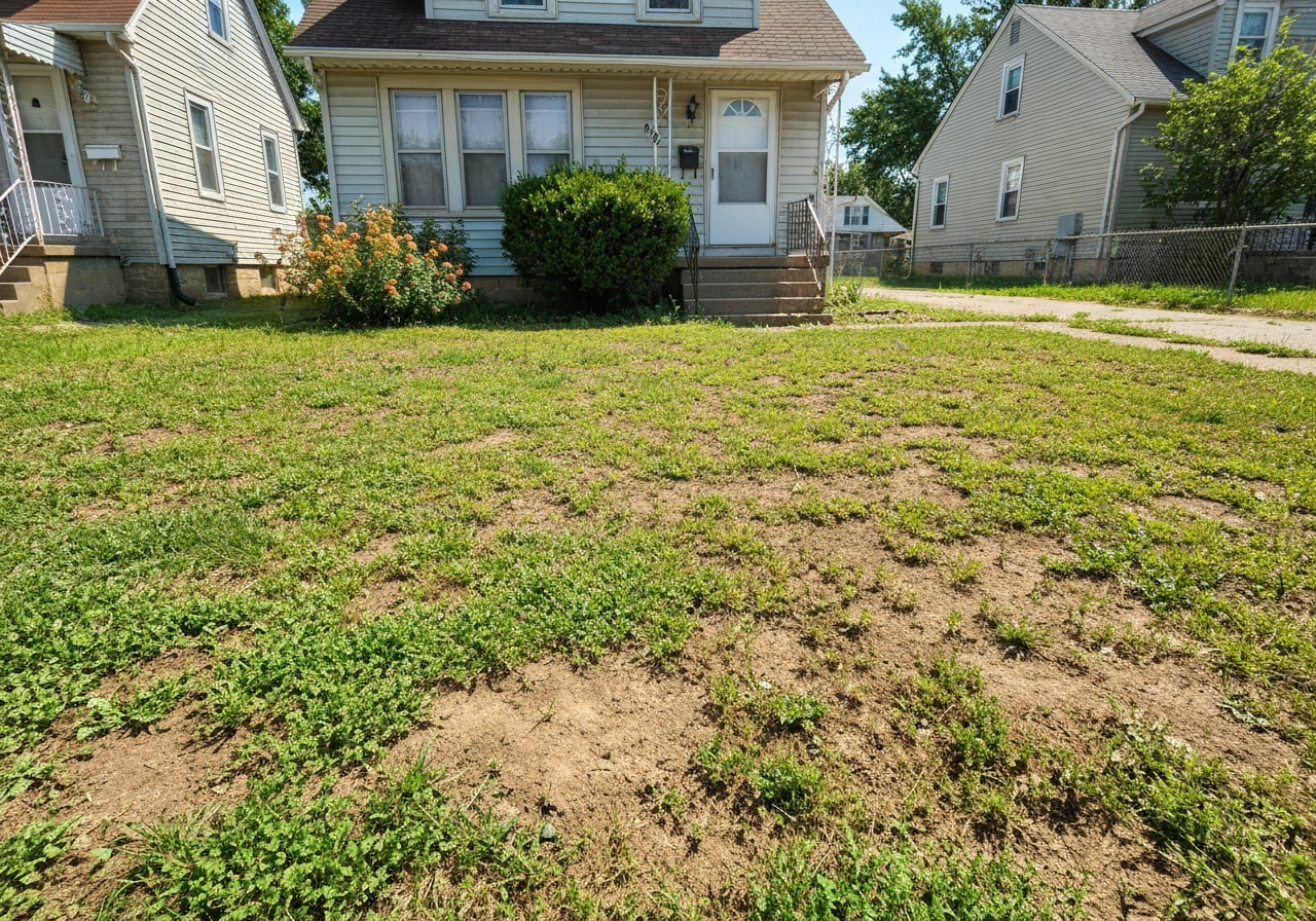 A thin, patchy, weedy residential lawn with bare dirt spots in front of a home before renovation